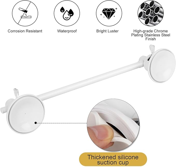 Suction Cup Towel Bar for Shower, 15.75''-25.6'' Adjustable Stainless Steel Towel Holder, Heavy Duty Suction Towel Rack with Powerful Vacuum Adsorption for Bathroom, Kitchen, RV, and Renters (White)