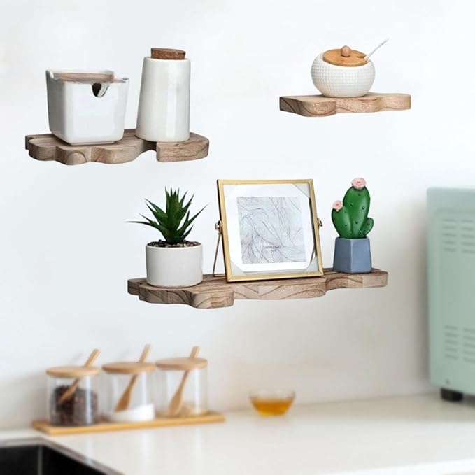 3 Pieces Bathroom Shelves Wall Display Shelves Wood Modern Multipurpose Rustic Cloud Shaped Organizer Stand for Dorm, Light Brown