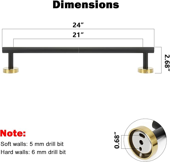 NearMoon Bath Towel Bar, Thicken Stainless Steel Shower Towel Rack Holder Wall Mounted for Bathroom, 24-lnch Overall Length-21-lnch Usable Hanging Space (1 Pack, Matte Black & Gold)