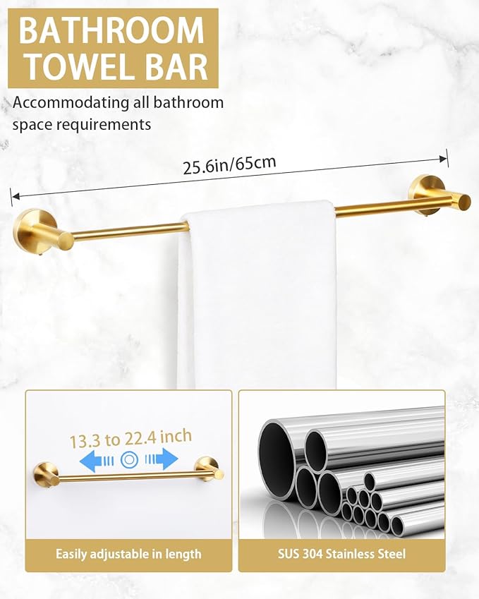 5 Pieces Gold Bathroom Accessories Set - 25.6 inch Towel Bar, Toilet Paper Holder, Towel Rack and Coat Hook, SUS304 Stainless Steel Bathroom Hardware Set, Wall Mounted Bathroom Decor and Accessories