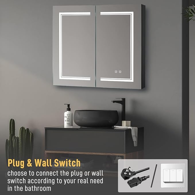 Karl home 2-Doors 32"x28" LED Medicine Cabinet for Bathroom, 3-Color Wall Mounted Dimmable Bathroom Cabinet with 3-Tiers Storage Shelves, Anti-Fog, USB Charge, Black