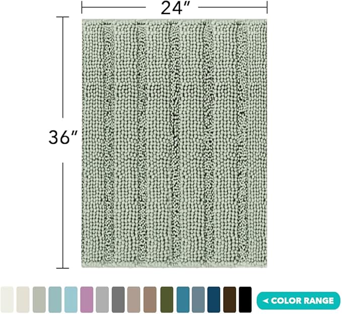 Turquoize Chenille Bath Rug - Non Slip, Shaggy, Extra Soft & Absorbent, 24"x 36", Sage