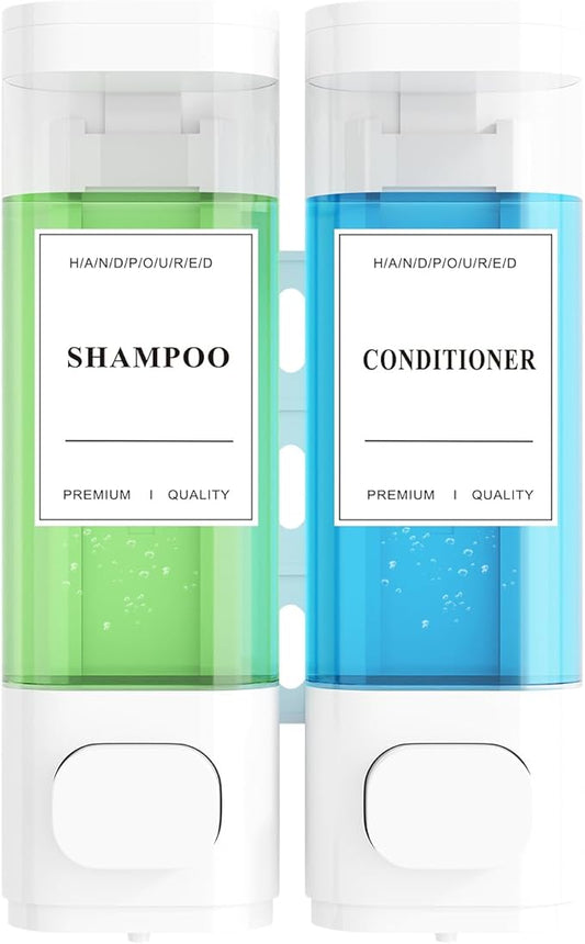 Shampoo and Conditioner Dispenser – Wall-Mounted Shower Soap Dispenser, No-Drill Installation, Lockable, 900 ml Capacity,for Bathroom & Hotel or Airbnb (White, 2-Pack)