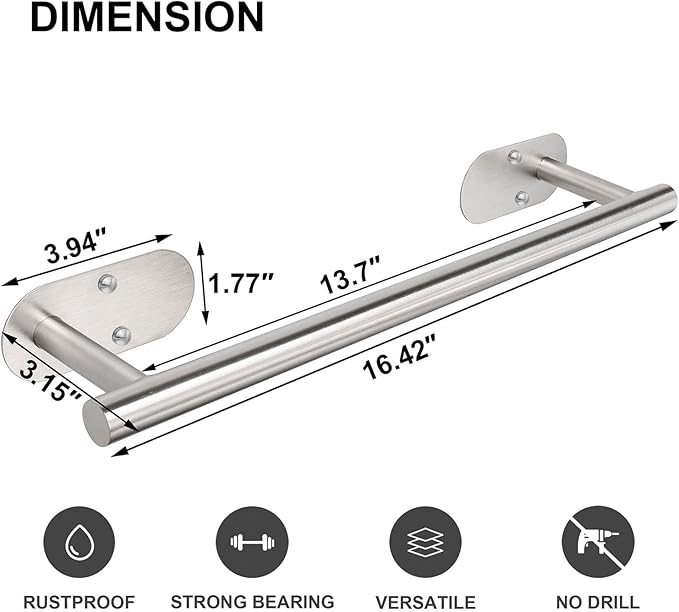 TocTen Self Adhesive Bathroom Towel Bar, Stick Towel Rack for Bathroom, Rustproof Stainless Steel Bath Towel Holder No Damage, Easy to Install Adhesive Towel Rod for Bathroom (Brushed Nickel, 16 Inch)