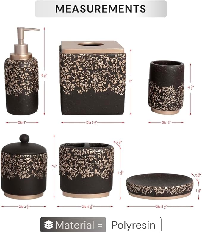 Decozen Bathroom Accessories 6Pcs Set, Soap Dispenser, Toothbrush Holders, Tumbler, Soap Dish & Cotton Swab Jar – Modern Bathroom Decor, Modern Farmhouse Decor, Countertop Accessories, Black