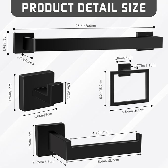 Matte Black Bathroom Hardware Accessories Set of 5 Pieces, 23.6 Inch Bath Towel Bar Set, 304 Stainless Steel Bathroom Hardware Set, Towel Racks for Bathroom Wall Mounted