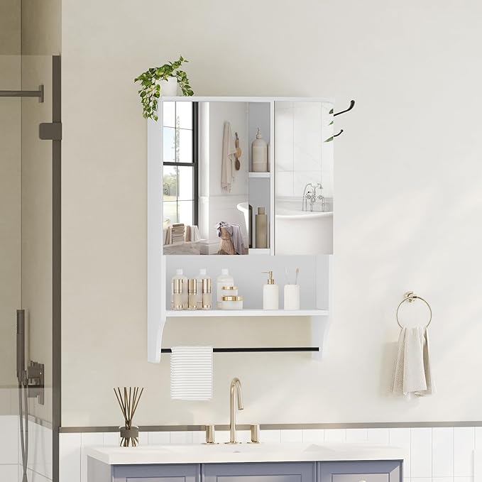 MAHANCRIS Bathroom Wall Cabinet with Mirror, Medicine Cabinet with 2 Door and Adjustable Shelf, Wall Mounted Over The Toilet Storage Cabinet for Bathroom Laundry Room Kitchen, 18.9"W x 26.2"H, White