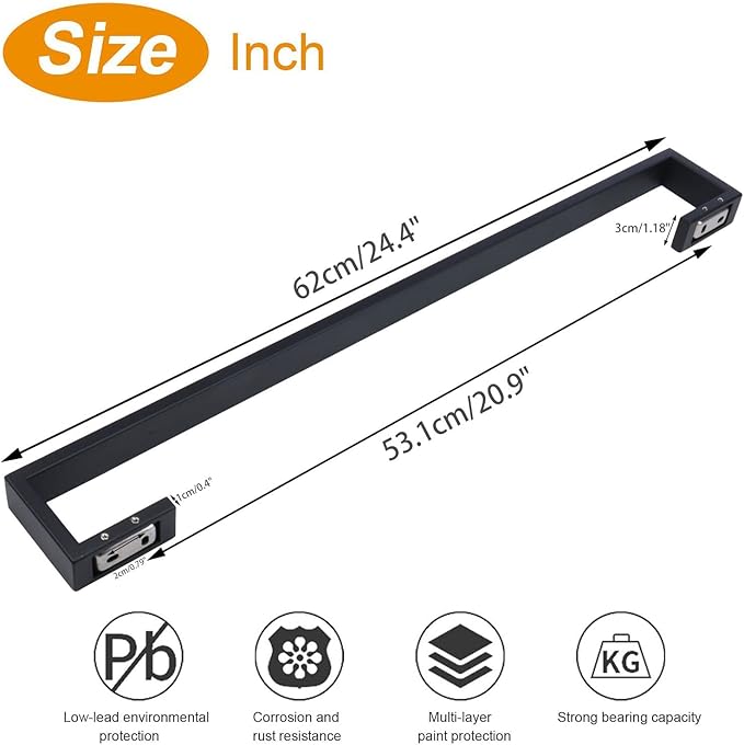 TocTen Bath Towel Rack - 2 Pack Square Base Thicken SUS304 Stainless Steel Towel Bar for Bathroom, Bathroom Bar Accessories Towel Rod Heavy Duty Wall Mounted Towel Holder(Matte Black, 24 Inch)