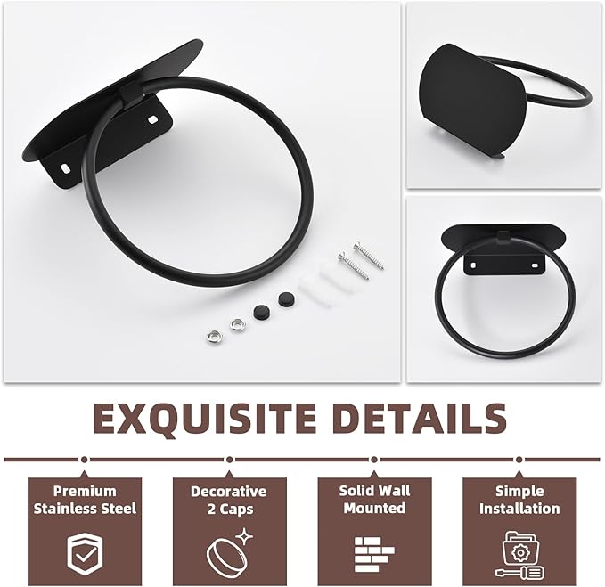 APLusee Matte Black Bath Towel Ring with Shelf, Stainless Steel Towel Holder, Wall Mount