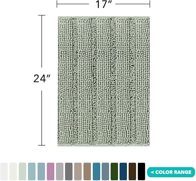Turquoize Luxury Chenille Bath Rug for Bathroom Rugs Extra Absorbent Bath Mat Non Slip Microfiber Shower Rug for Bathroom Microfiber Shaggy Carpet Rug Size, 17"x 24", Sage