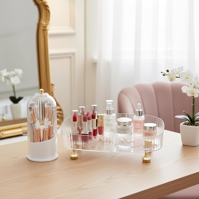 Makeup Organizer 2-Pack, Clear Makeup Brush Holder with Lid + Rotating Tray, Countertop Use, Cosmetic Storage, Make Up Organizers for Counter, Make Up Brush Holder Set for Bathroom Vanity & Dresser
