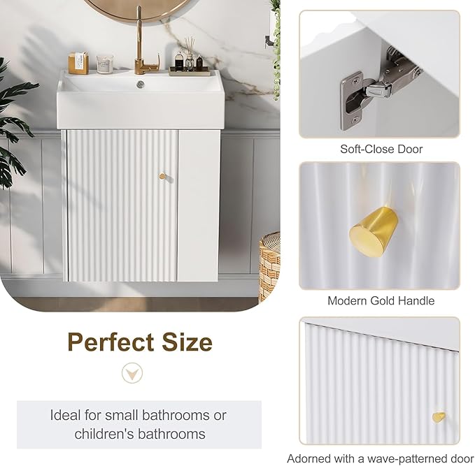 Virubi 21.6 in Floating Bathroom Vanity with Sink,Soft Closing Doors,Solid Wood Frame & MDF Modern Single Small White Bathroom Vanity Cabinet with Open Shelf,Wall Mounted