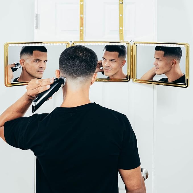 Self-Cut System Gold Plated 3 Way Mirror with Lights for Self Hair Cutting, Trifold Barber Mirror with Height Adjustable Hooks, 360 View, Includes Free Educational Mobile App (King’s Gold)