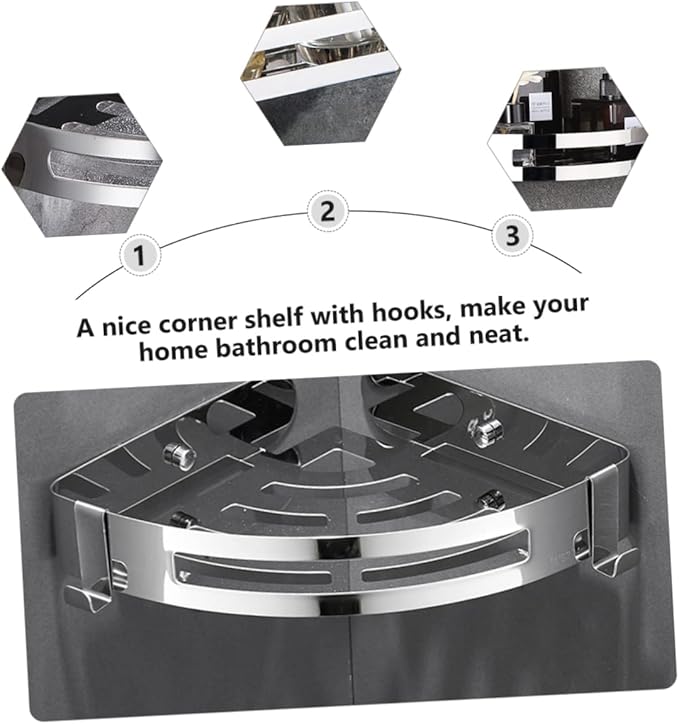 2Pcs Bathroom Shelf No Drill Corner Storage Rack with Hooks Modern Minimalist Design for Kitchen Bathroom High Load Bearing Tripod