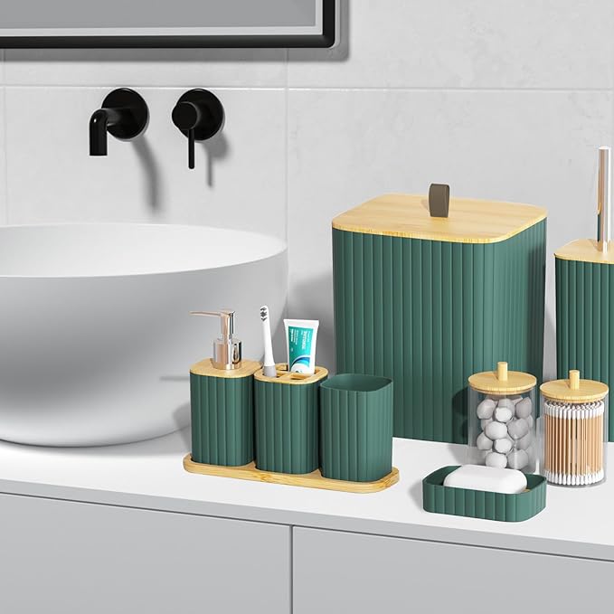 Bathroom Set - 9PCS Green Bathroom Accessories Set Toilet Brush Holder Set Soap Dispenser Decorative Countertop Bathroom Accessory Set with Trash Can Bathroom Decor Set for Home, Restroom