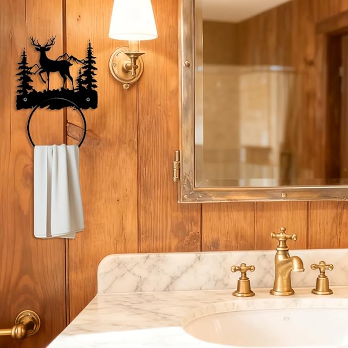 MAYJOYDIY Deer Metal Towel Ring Forest Animal Mountain Towel Holder Bath Towel Ring Wall Mounted Metal Towel Rack for Bathroom Kitchen Towel Hanger Home Decors Gift