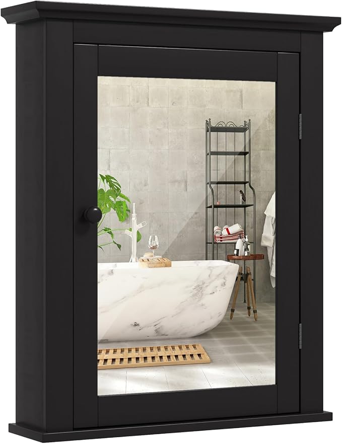 COSTWAY Bathroom Medicine Cabinet with Mirror, Wall-Mounted Storage Cabinet Organizer with 5-Position Adjustable Shelf, Hanging Bathroom Wall Cabinet for Living Room Bedroom Entryway (Black)