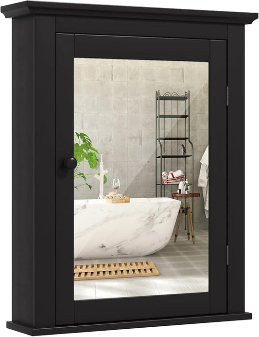 COSTWAY Bathroom Medicine Cabinet with Mirror, Wall-Mounted Storage Cabinet Organizer with 5-Position Adjustable Shelf, Hanging Bathroom Wall Cabinet for Living Room Bedroom Entryway (Black)
