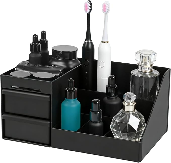 Men's Cologne Organizer for Countertop, Black Cologne Stand with Drawers and Tiered Compartments, Bathroom Organizer for Men with Drainage Holes, Grooming Storage Tray for Sink Counter