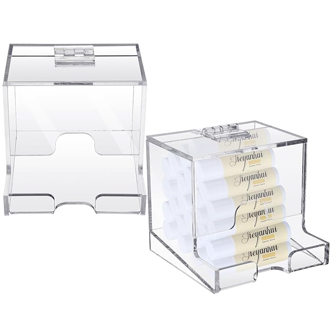 Wenqik 2 Pack Clear Acrylic Lip Balm Dispenser with Hinged Lid Home Freestanding Countertop Display for Lipsticks Glosses or Lip Balm Essential Oils (3.4 x 3.4 x 3.07 inch)