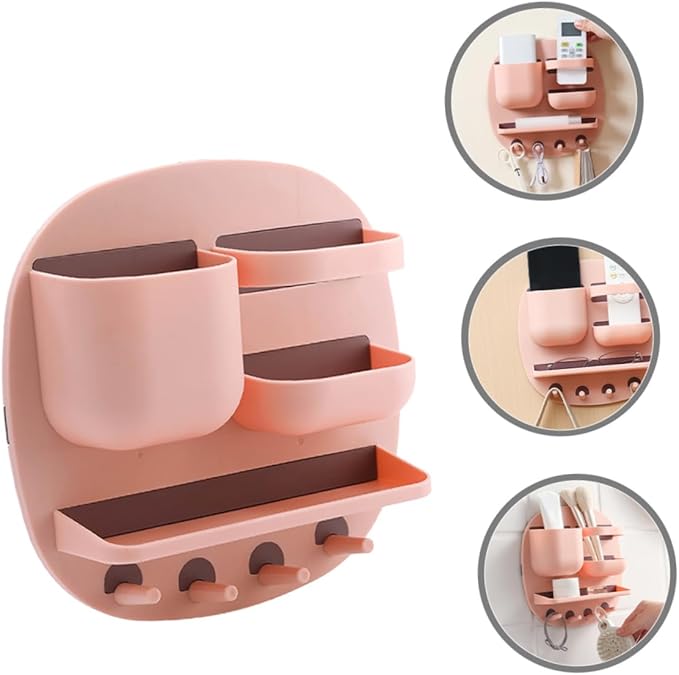 Veemoon Wall-Mounted Bathroom Shelf Organizer with 3 Compartments and Elevated Display Shelf, Pink Storage Rack with 4 Hooks for Toiletries, Space-Saving Wall Storage Holder for Bathroom