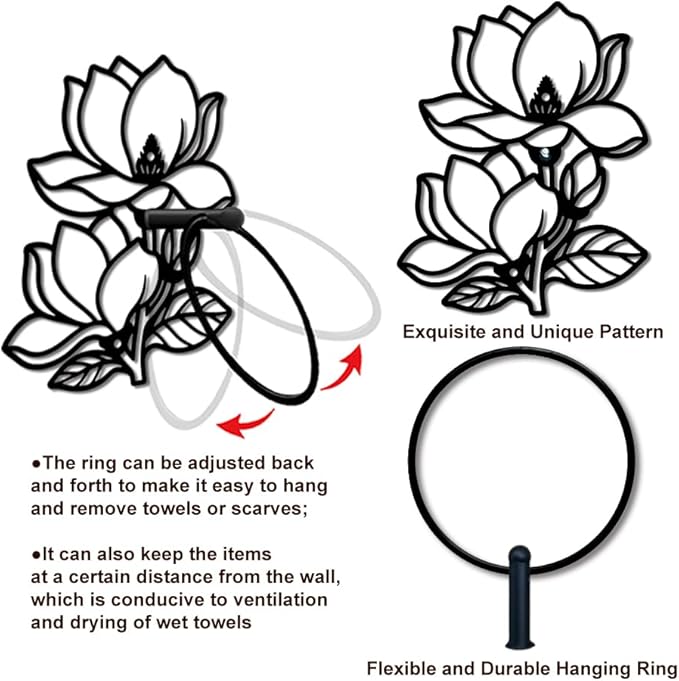 MAYJOYDIY Flower Metal Towel Ring Round Magnolia Denudata Hand Towel Holder Ring Hanger Black Vintage Towels Wall Organizer for Kitchen Bath Home Laundry Room Decors Gifts