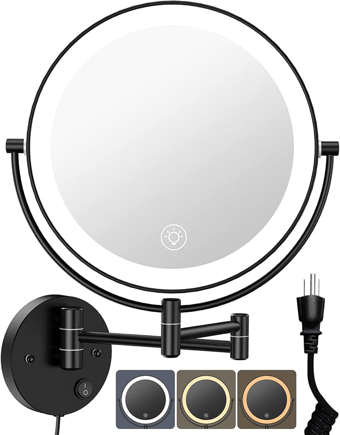 Benbilry 9" Large Wall Mounted Lighted Makeup Mirror, 1X/10X Magnifying 2-Sided AC Plug-in Powered Bathroom Mirror with 3 Color Lights, Touch Dimmable, Extended Arm 360° Rotation, 【Black】
