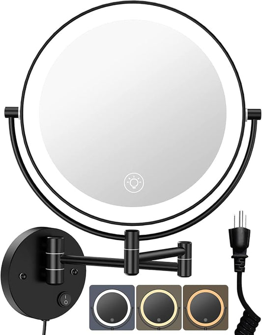 Benbilry 9" Large Wall Mounted Lighted Makeup Mirror, 1X/10X Magnifying 2-Sided AC Plug-in Powered Bathroom Mirror with 3 Color Lights, Touch Dimmable, Extended Arm 360° Rotation, 【Black】