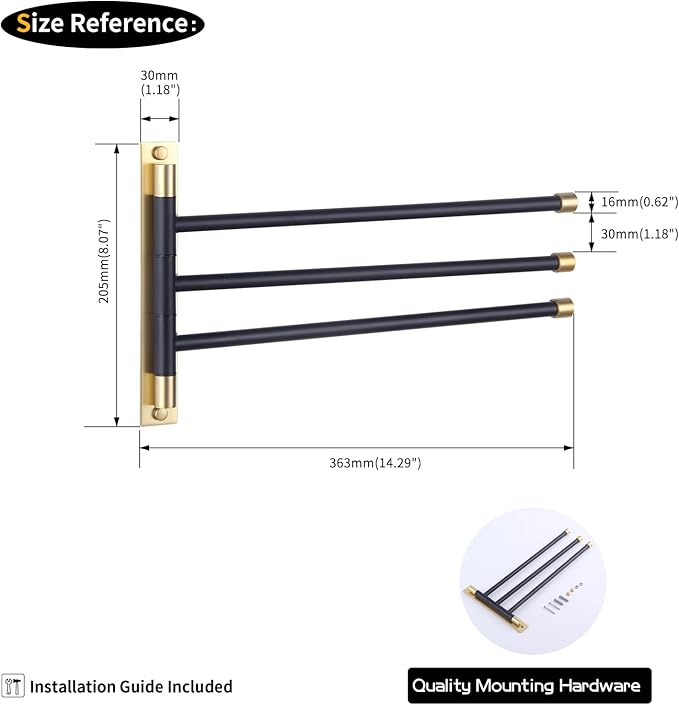GERZWY SUS 304 Stainless Steel Bathroom Hand Towel Rack 3-Bar Folding Arm Swivel Hanger Bath Towel Holder Swing Out Towel Bar Wall Mount (Black & Gold) HYG03-BD