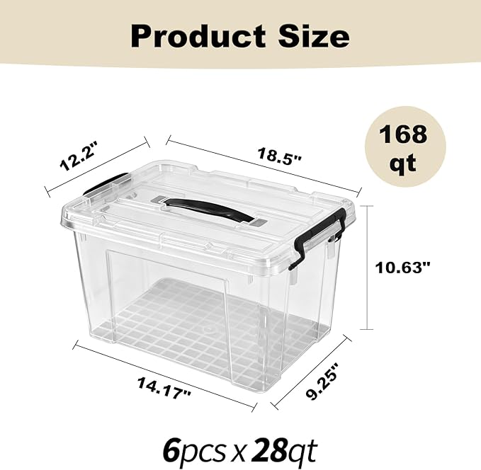 168 QT Clear Storage Bins with Lids, 6 Pack 28 QT-Stackable Plastic Organizer for Home, Office, Garage, BPA-Free, Heavy-Duty, See-Through Containers with Secure Latches & Handles
