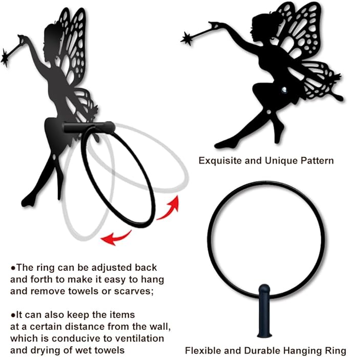 MAYJOYDIY Fairy Metal Towel Ring Elf Wings Towel Holder for Wall Fantasy Fairy Wand Towel Ring Black Plant Towel Rack Wall Mounted for Bathroom Kitchen Towel Hanger Home Decors Gift