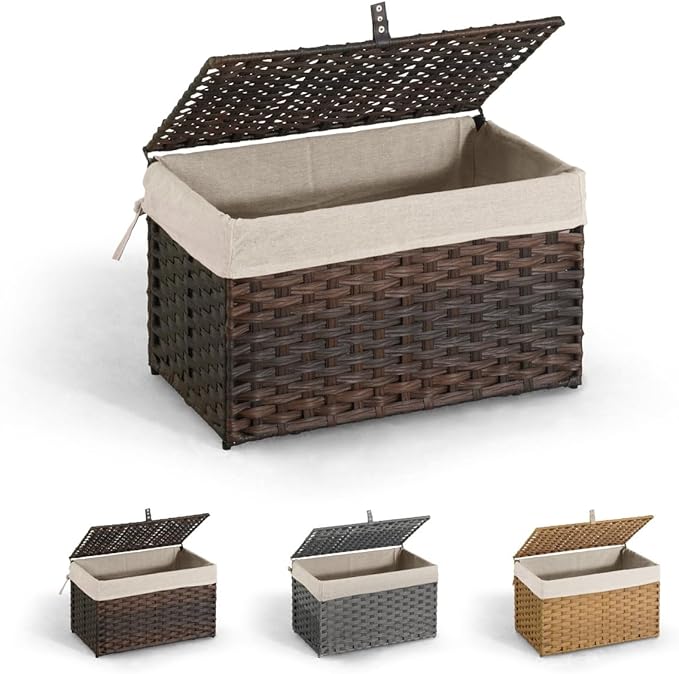 CAPHAUS Laundry Basket w/Lid, Synthetic Rattan Laundry Hamper w/Lid and Handles, 2 Removable Liner Bags, Foldable Clothes Hamper for Laundry, Large Storage Basket w/Lid, 65L, Brown