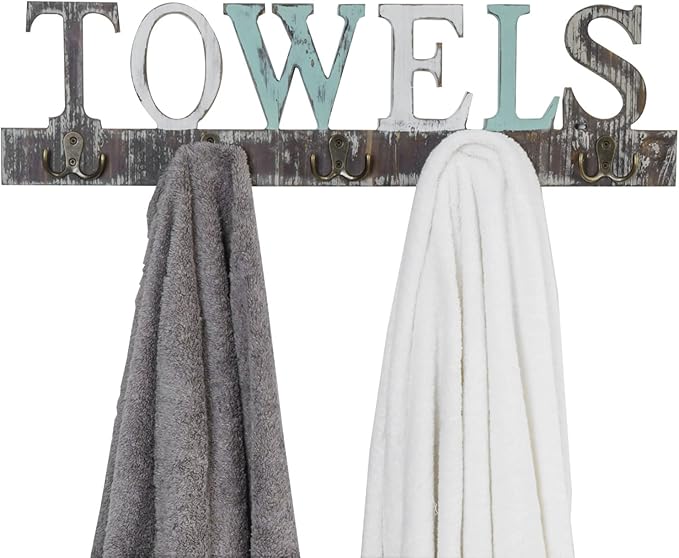 MyGift Towel Rack for Bathroom, Wall Mounted Bath Towel Holder with 5 Dual Hooks, Kitchen Laundry Hand Towel Hanger, Rustic Multicolored Solid Wood with Decorative Towel Cutout Design