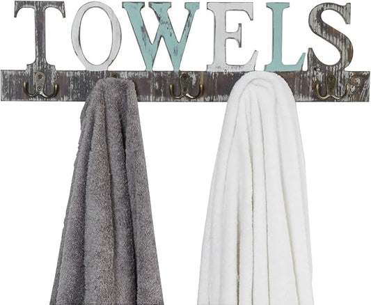 MyGift Towel Rack for Bathroom, Wall Mounted Bath Towel Holder with 5 Dual Hooks, Kitchen Laundry Hand Towel Hanger, Rustic Multicolored Solid Wood with Decorative Towel Cutout Design