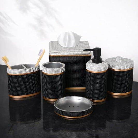 Decozen Bathroom Accessories 6Pcs Set, Soap Dispenser, Toothbrush Holders, Tumbler, Soap Dish & Cotton Swab Jar – Modern Bathroom Decor, Modern Farmhouse Decor, Countertop Accessories, Black