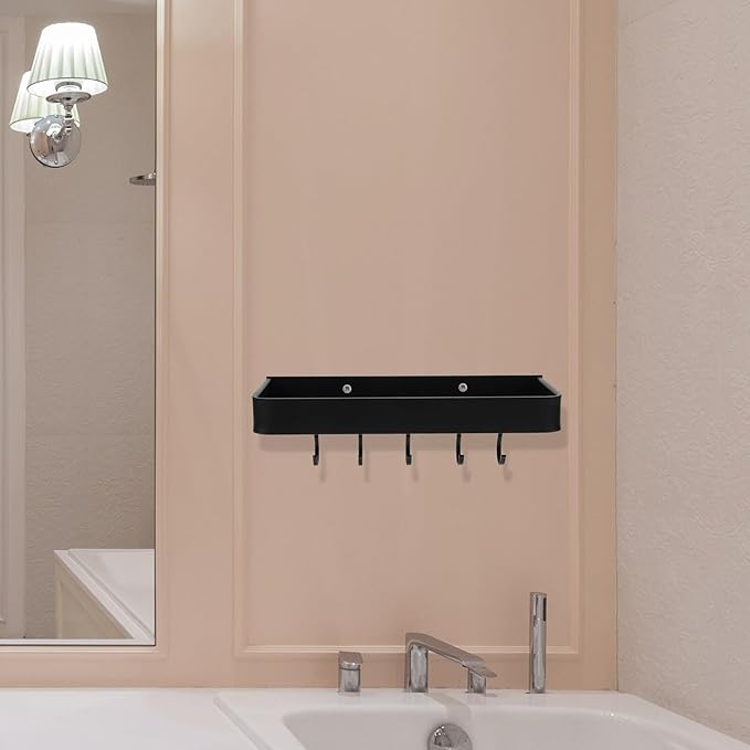 Wall-Mounted Aluminum Bathroom Shelf with Hooks, 30cm Floating Wall Holder Storage Rack for Bathroom Accessories and Toiletries