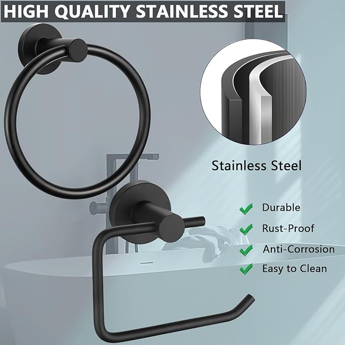 Towel Ring and Toilet Paper Holder Set, Stainless Steel Bath Towel Hanger and Tissue Roll Holders, Bathroom Hardware Accessories Wall Mounted 2 Pieces (Matte Black)