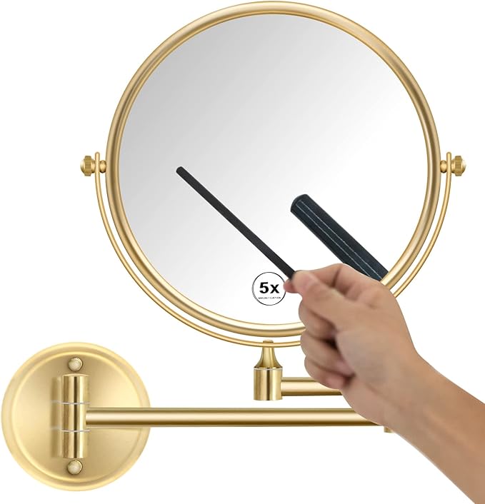 8 Inch Bathroom Makeup Mirror Wall Mounted Gold, 360 Swivel Vanity Mirror with Magnification, Extendable Arm, 1X/5X Two-Sided, Brass Material, Brushed Light Gold