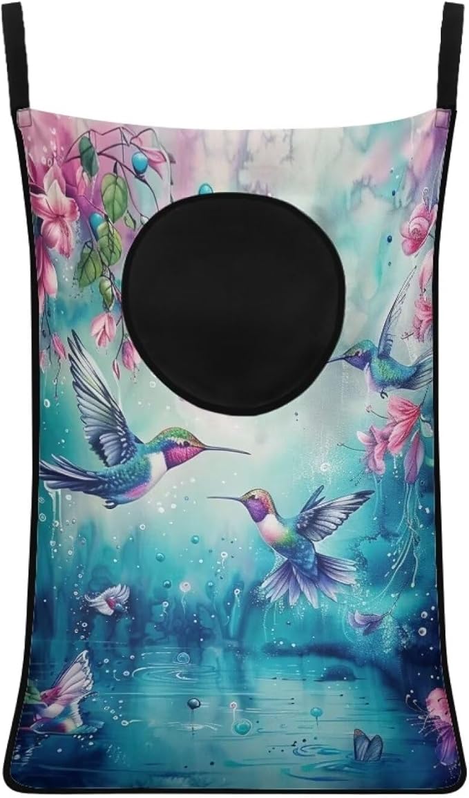 ZOUTAIRONG Hummingbird Hanging Laundry Hamper Bag Over Door Laundry Basket Space Saving Organizers Large Capacity Green Laundry Room Organization Hamper for Travel Home Office