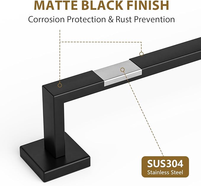 Luxbaro Matte Black Towel Bar 24 Inch, Square Base Thicken Towel Rack for Bathroom Wall, SUS304 Stainless Steel Towel Rod, Modern Home Decor (Total Length 26-Inch)