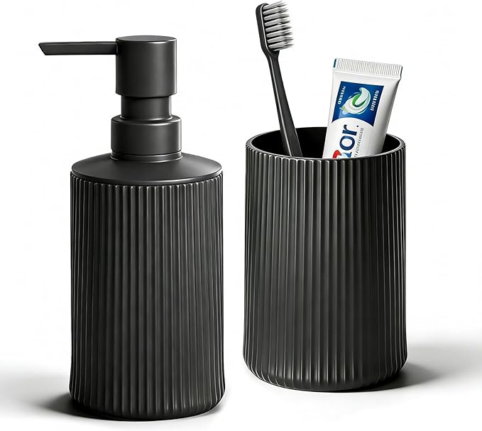 Bathroom Set Accessories, Black Plastic Soap Dispenser and Toothbrush Holder, 2-Piece Bathroom Counter Set for Modern Decor.