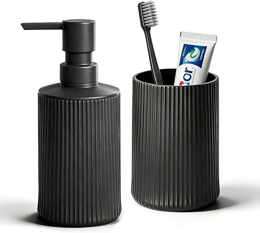 Bathroom Set Accessories, Black Plastic Soap Dispenser and Toothbrush Holder, 2-Piece Bathroom Counter Set for Modern Decor.