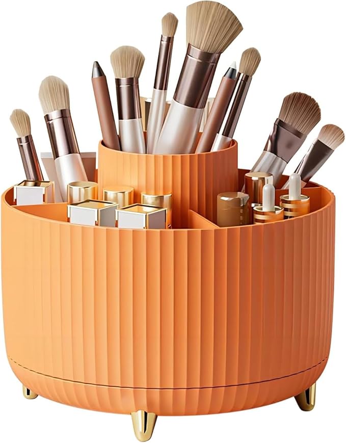 Makeup Brush Holder,360° Rotating Makeup Brush Organizer,5 Slot Make up Brushes Cup for Cosmetics,Large Capacity,For Nail Polish, Art Supply, Bathroom Vanity,Cosmetics Organizer,Orange