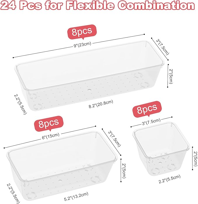 24 PCS Plastic Drawer Organizer Set, Sturdy 3-Size Makeup Vanity Desk Drawer Organizer Trays and Storage Bins for Cosmetics, Junk and Gadgets ?€? Ideal for Bathroom, Bedroom, Office and Kitchen