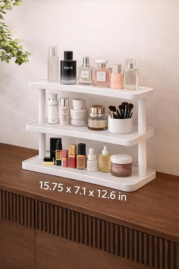 HealthEmpire 3-Tier Cosmetic Organizer Shelf for Countertop – Wooden Makeup & Skincare Storage Rack, Bathroom Vanity Display Stand for Perfume, Toiletries & Office Desk Organization (White)