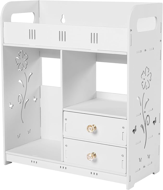LYNICESHOP Wall Mount Bathroom Cabinet with 2 Drawers,Waterproof PVC Wall Shelf for Bathroom Storage, 33lbs Capacity Nail-Free Adhesive Mount, White Modern Vanity Organizer