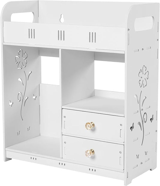 LYNICESHOP Wall Mount Bathroom Cabinet with 2 Drawers,Waterproof PVC Wall Shelf for Bathroom Storage, 33lbs Capacity Nail-Free Adhesive Mount, White Modern Vanity Organizer
