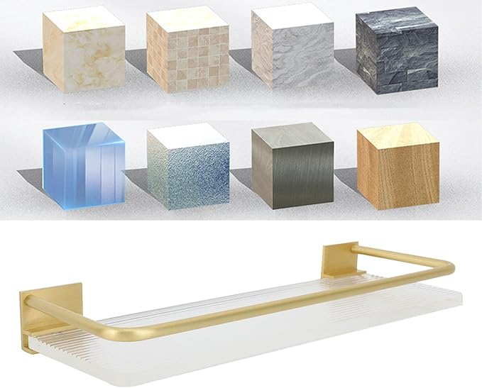 Floating Bathroom Shelves Wall Mounted, Modern Bathroom Organizer with Metal Rail for Decor, Bathroom Organizers and Storage, Over Toilet Shelves for Toilet Paper (Gold)