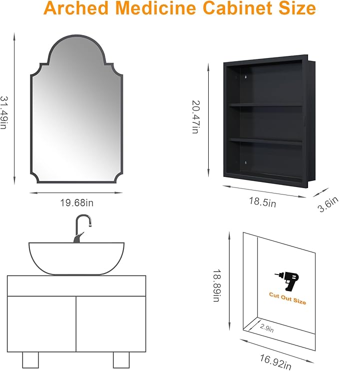 Black Decorative Medicine Cabinet Mirror, 20"x32" Recessed or Surface Mount Metal Irregular Medicine Cabinet for Bathroom, Elegant Curved Aesthetics Mirror with Storage, 2 Stable & Removable Shelves