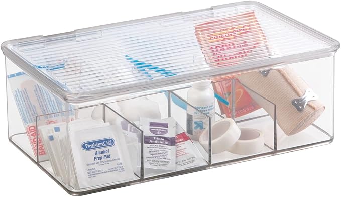 mDesign Plastic First Aid Kit Storage Box with Clear Top Lid for Bathroom, Kitchen, Cabinet, Closet, Drawer - Organizes Medicine, Ointments, Adhesive Bandages, Dental, 8 Divided Sections - Clear